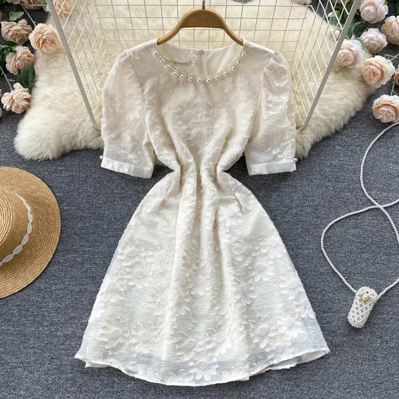 

WEIHAOBANG 2022 Summer Women's New Solid Color Round Neck Bubble Short Sleeve High Waist Casual Dress Short Slim A-line Skirt