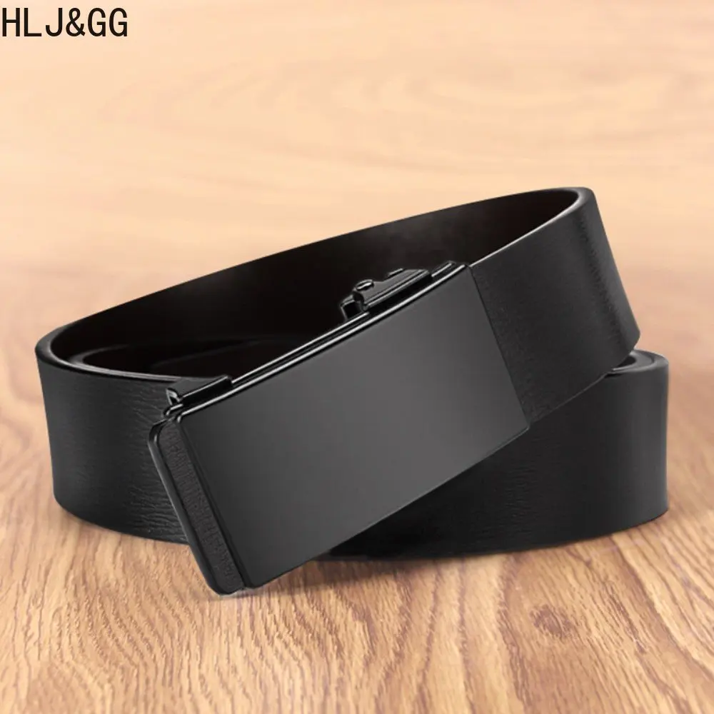 HLJ&GG Fashion Solid Black Belt for Man Classic Split Leather Automatic Buckle Man's Waistband Everyday Versatility Male Belts
