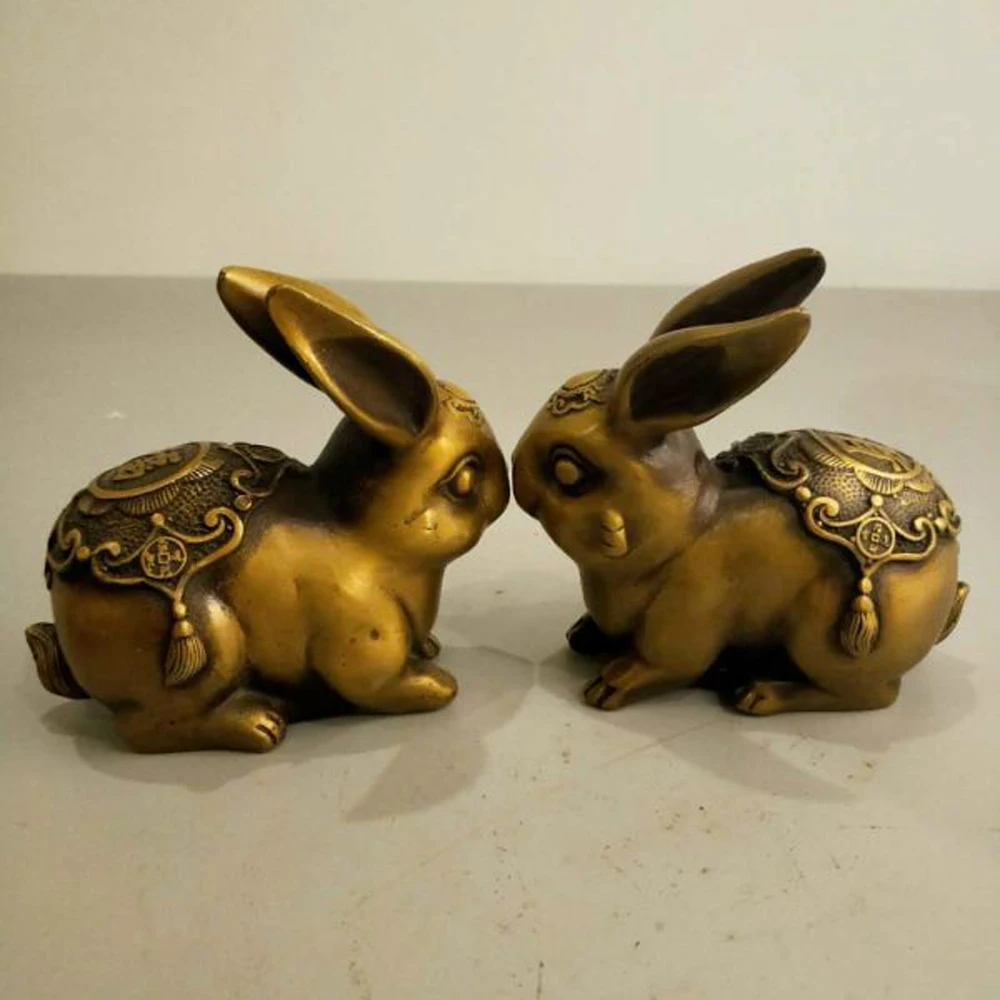 

Chinese Old Hand Engraving Brass a Pair of Rabbits Statue