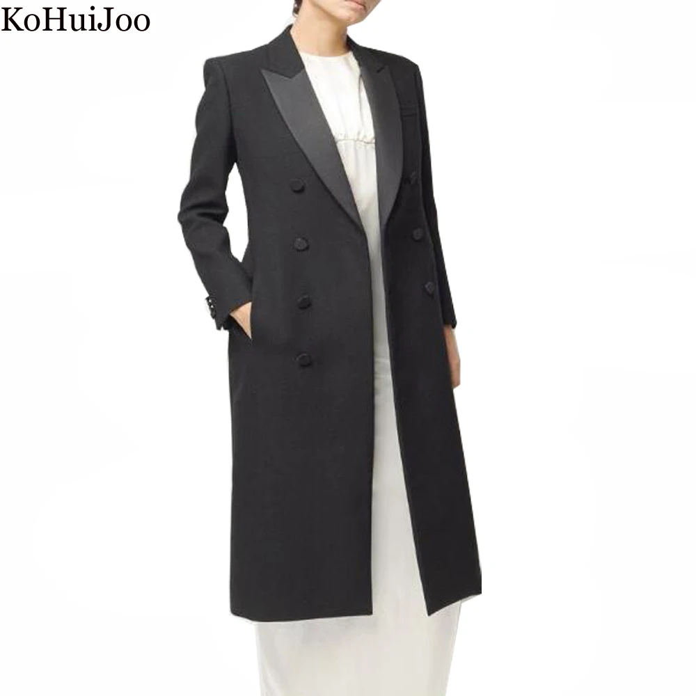 KoHuiJoo Fashion 2022 Trench Women Coat Fall Formal Double Breasted Black Temperament Long Blazer Straight Windbreaker Outerwear