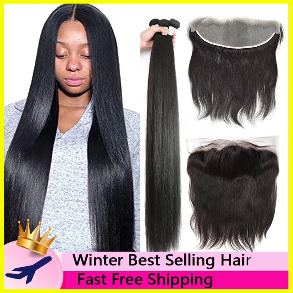 Brazilian Straight Remy Hair 36 40 Inch Human Hair Bundles With 13X4 Lace Frontal Promqueen Human Hair Ear To Ear 4x4 Closure