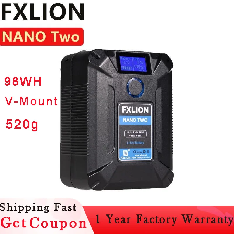 

FXLION Nano Two 98WH Tiny V-Mount/V-Lock Battery with Type-C D-tap USB A Micro USB for Cameras Camcorders Large LED