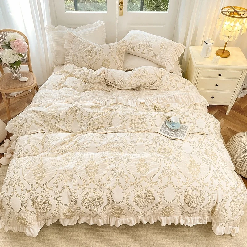 

Super Soft Carved Velvet Fleece Princess Wedding Skirt ding Set Shaggy Duvet/Quilt Cover spread Bed Linen Pillowcases