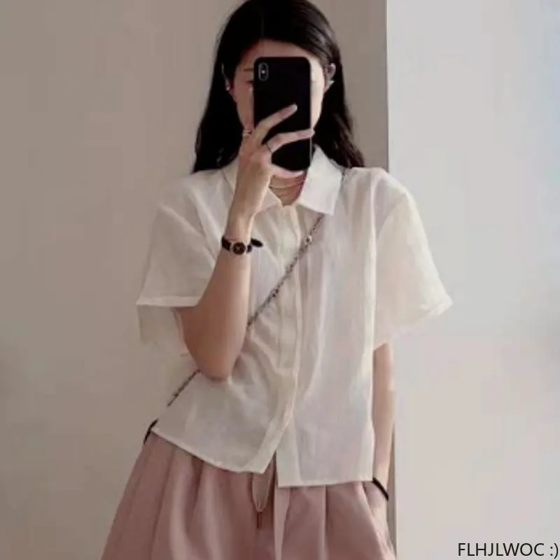 

Милая женская рубашка с коротким рукавом, в стиле ретро, шикарная, Корейская, японская, желтая, розовая, винтажная рубашка из хлопка