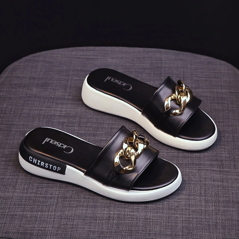 

Metal Button Sandals Women 2022 Summer Fashion Open Toe Comfortable Ladies Flat Slippers Home Outdoor Beach Shoes Female 40 Size