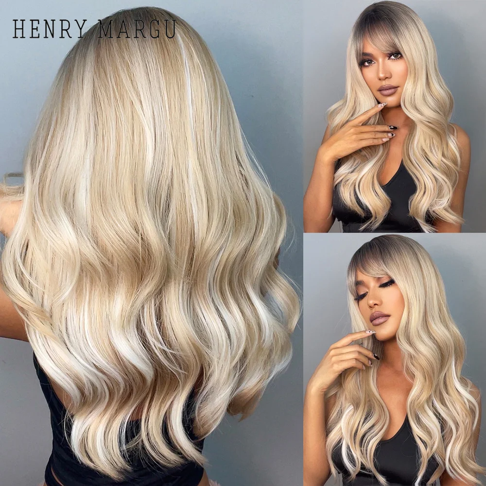 

HENRY MARGU Synthetic Wig with Bangs Ombre Brown Blonde Highlight Hair Wig for Women Long Wavy Cosplay Daily Wigs Heat Resistant