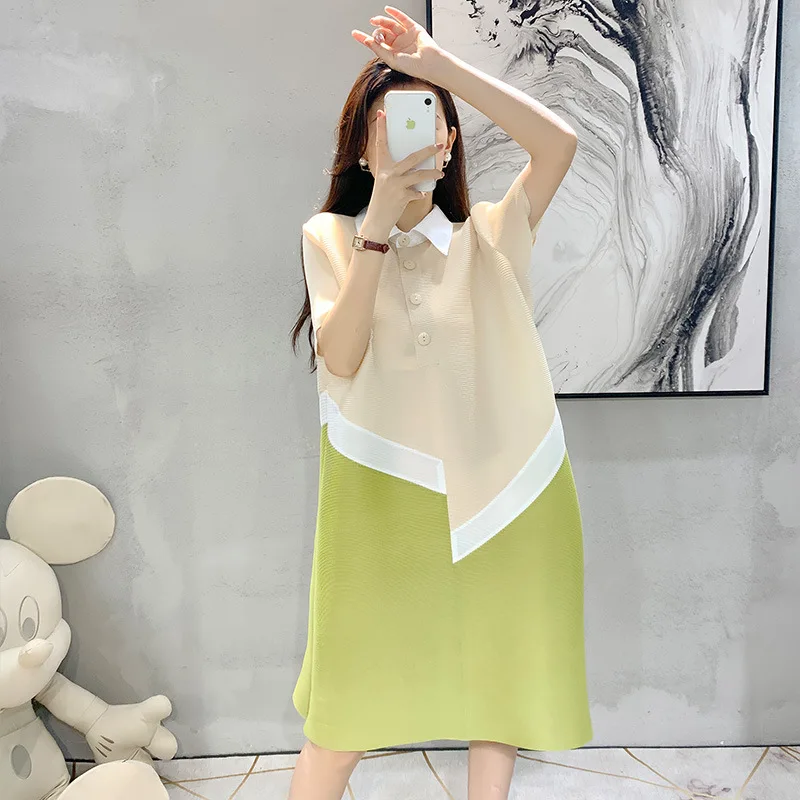Miyake pleated dress women's short sleeve waist slim POLO collar color matching design pleated skirt