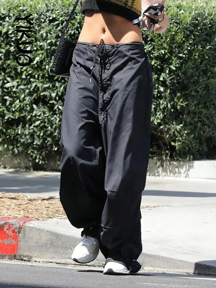 

YIKUO Solid Drawstring Low Waist Baggy Jogging Trousers Women Casual Loose Y2K Pants Korean Fashion Hippie Streetwear Bottoms