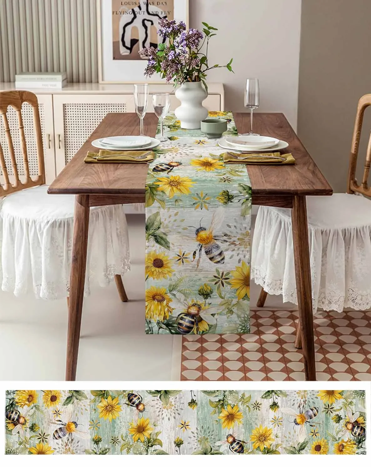 Ретро деревянное зерно подсолнечника пчела льняные дорожки для стола украшение