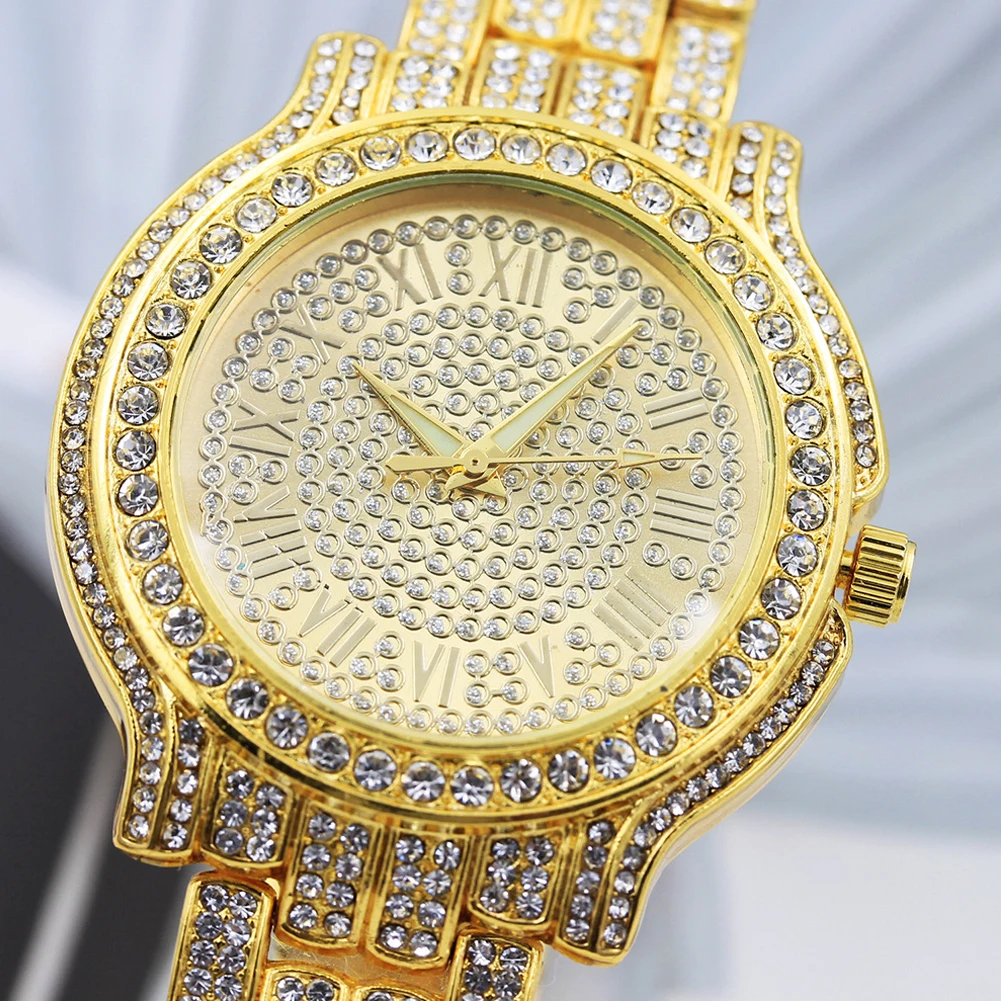 

Luxury Women Gold Watches Fashion Ladies Quartz Diamond Wristwatch Hip Hop Iced Bling Luxury Watch Women Relogio Masculino XFCS