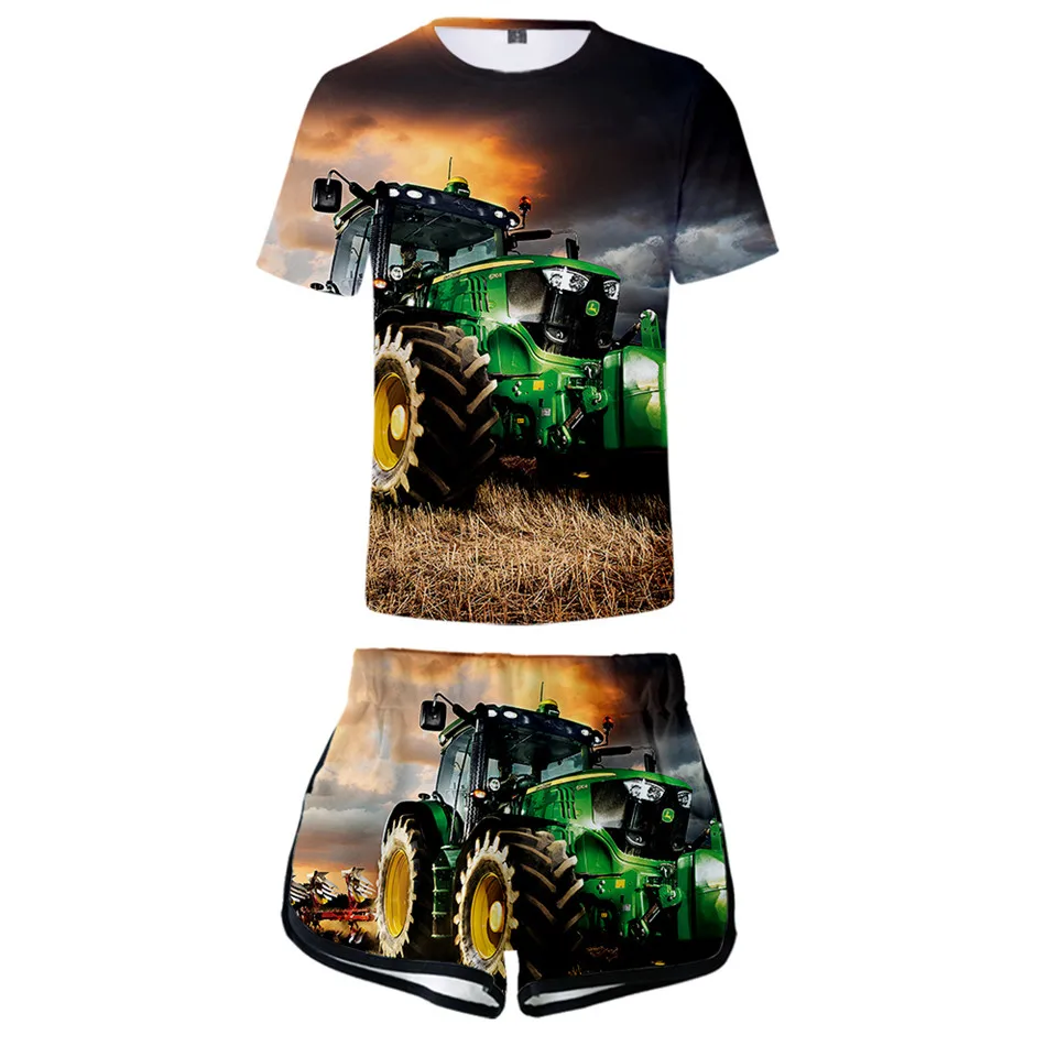 

Novelty Tractor Pattern Merch Tracksuit Female Two Piece Set Summer Short Sleeve Tops T-shirt +Shorts Suit Kawaii Women Clothes