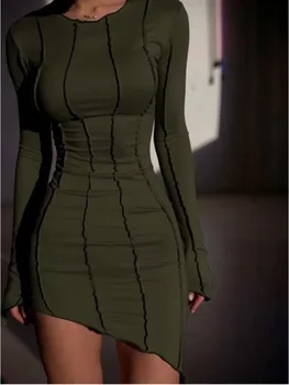 JULISSA MO Sexy Solid Patchwork O Neck Mini Dress Women Autumn Bodycon Long Sleeve Slim Fit Elegant Party Club Vestido 1