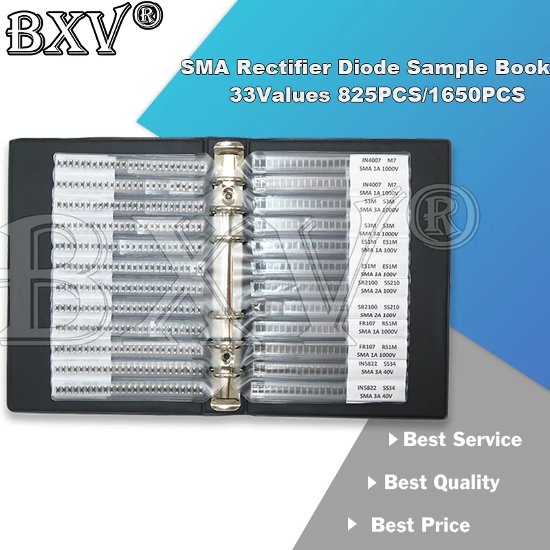 

825PCS 1650PCS 33Values SMA Rectifier Diode Sample Book SF18 1N5824 1N4007 SS220 RS1G SS24 RS1M ES1D SS26 SS36 Assortment Kit