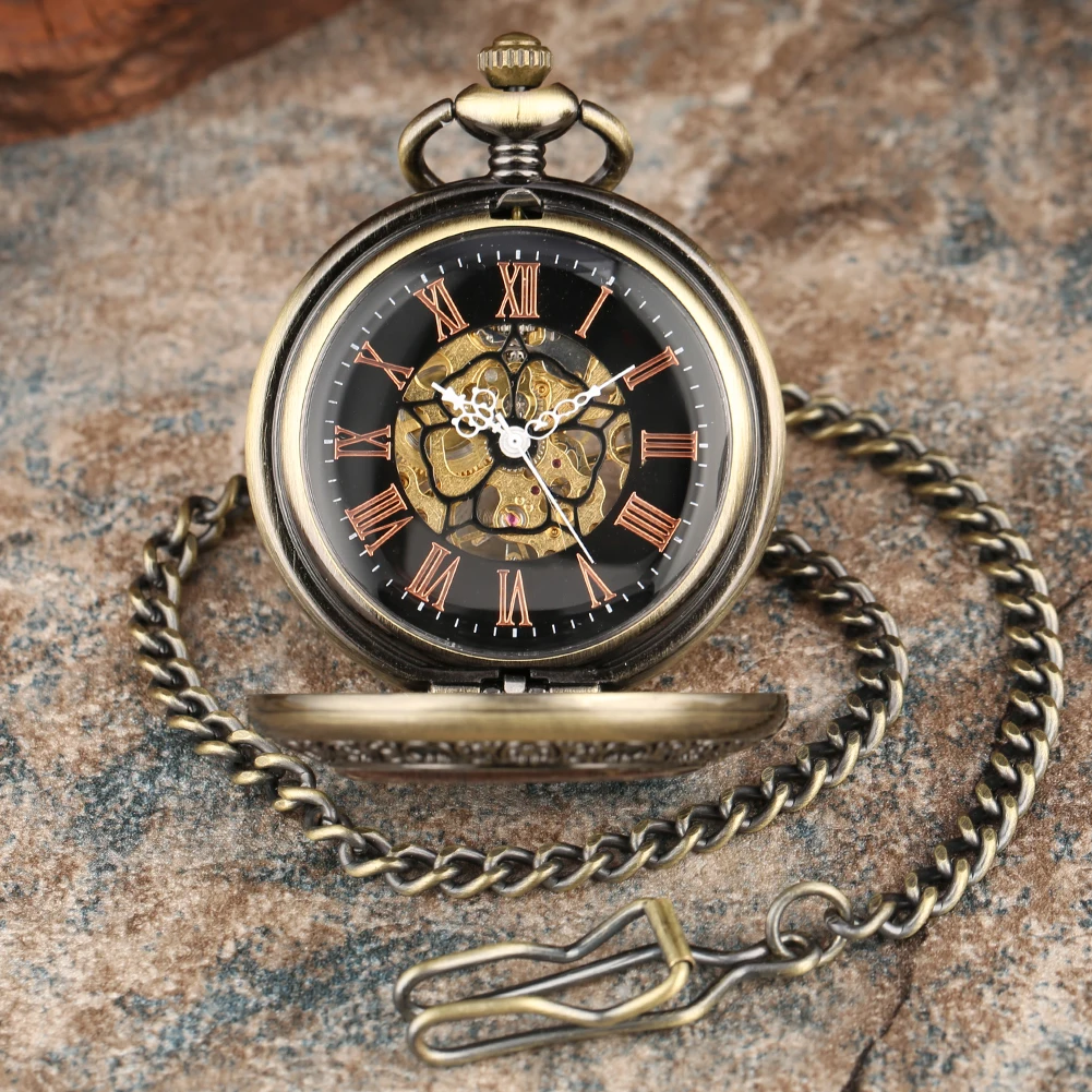 Vintage Hollow Red Wood Circle Decor Manual Mechanical Pocket Watch with Bronze Pocket Chain Luxury Antique Man Pocket Timepiece