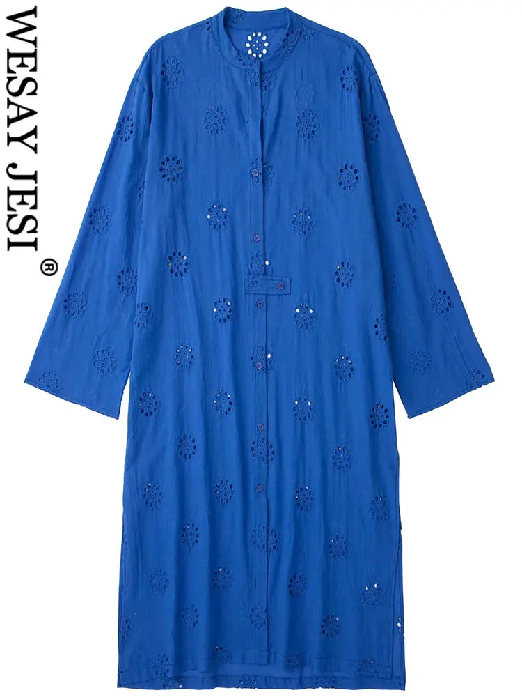 

WESAY JESI темно-голубое свободное повседневное хлопковое женское платье с цветочным принтом повседневное домашнее Универсальное длинное женс...