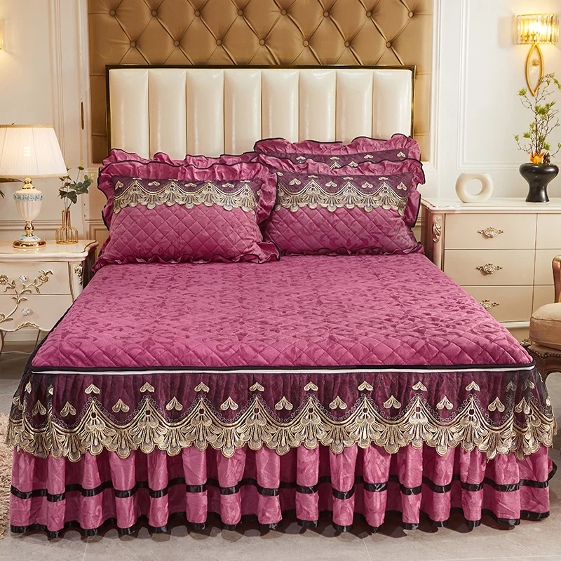 

Winter thickened warm bed skirt comfortable warm bedding warm lace bedspread couple mattress cover king bed queen home