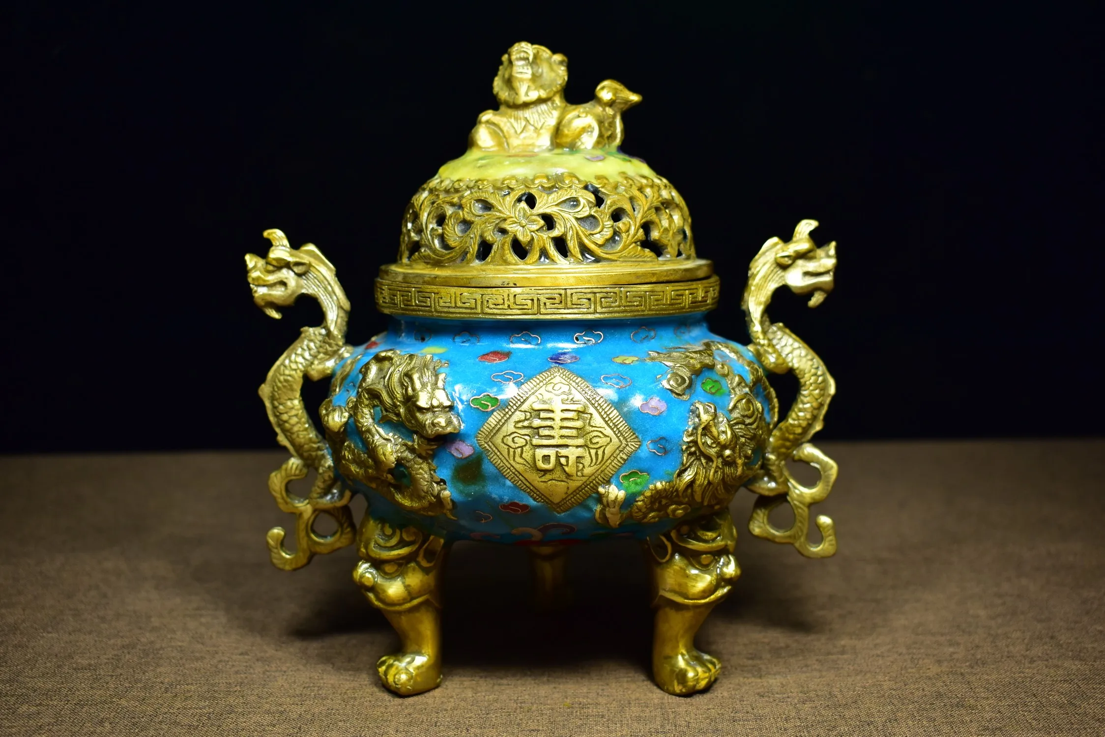 

8" Chinese Folk Collection Old Bronze Cloisonne Enamel lion statue Two Dragons Playing Pearls binaural incense burner ornament