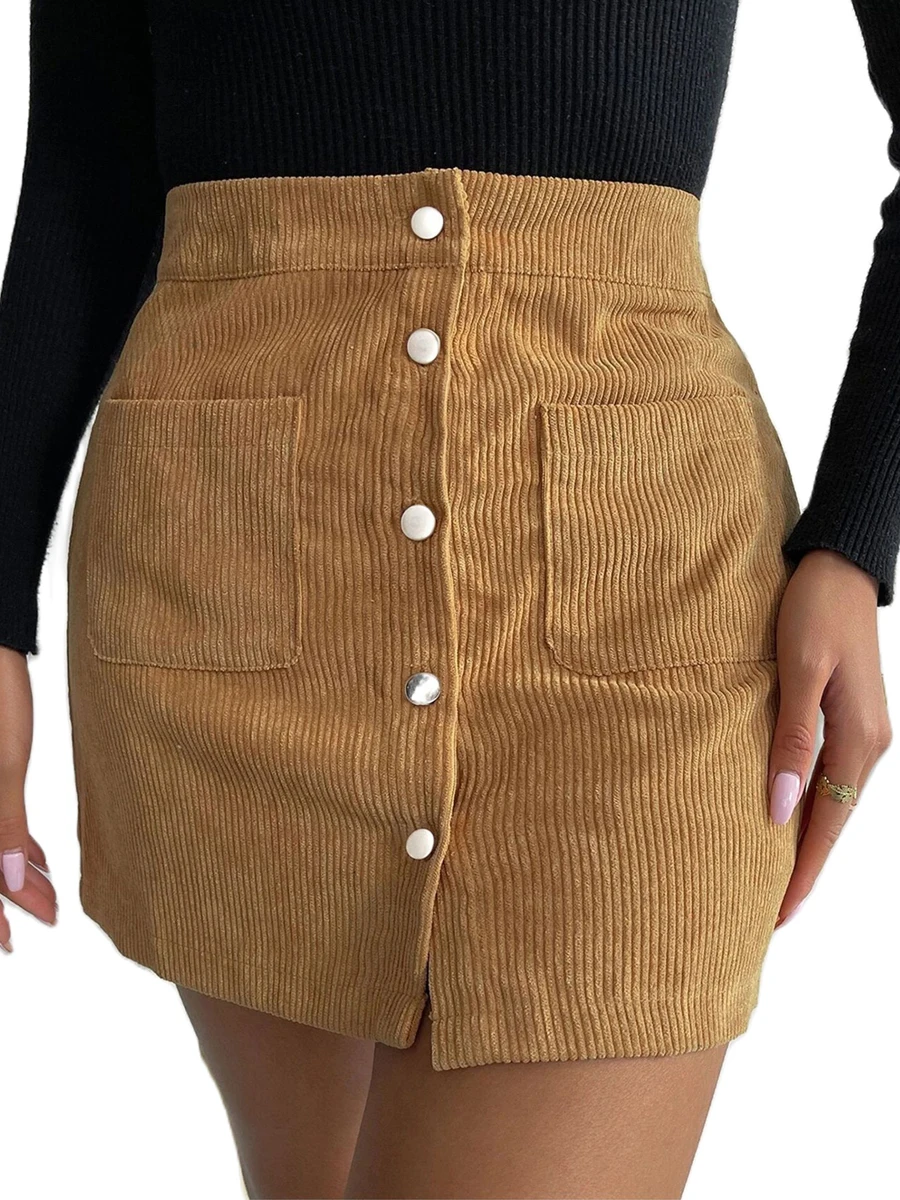 

Corduroy Skirts for Women Button Closure High Waisted Short Mini Skirt with Pockets