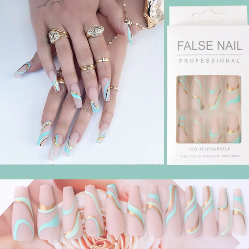 

24Pcs/Box Long Ballet with Gold Line Wave Pattern Wearable Fake Nails press on Square Head Full Cover Detachable Fingernails