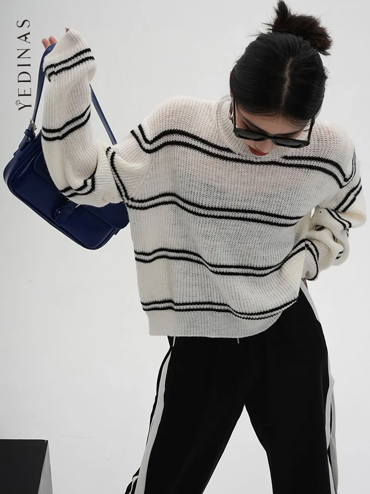 

Yedinas Streetwear Striped Sweater Women O Neck Korean Style Long Sleeve Knitted Pullover Autumn Spring Ladies Jumper Chic