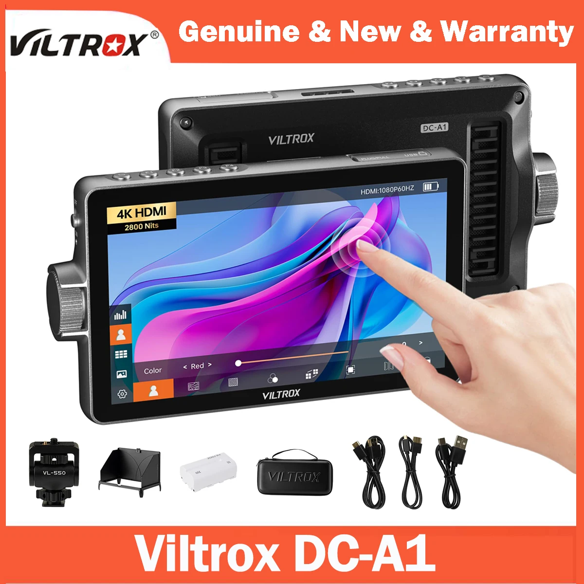 Фото Монитор для камеры VILTROX DC-A1, 7-дюймовый сенсорный экран, полевой монитор для камеры, 2800 нит, 4K HDMI вход/выход, 3D LUT, с солнцезащитным козырьком и батареей. №2