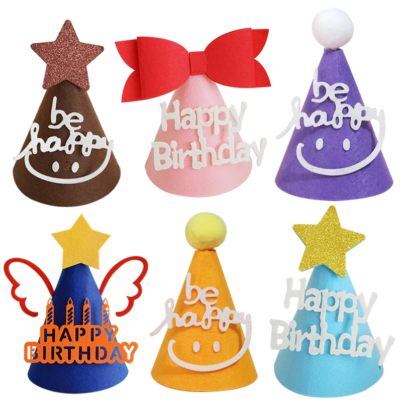 

1pcs birthday hat cartoon felt cute smiley bow children adult party decoration props party decoration arrangement photo props