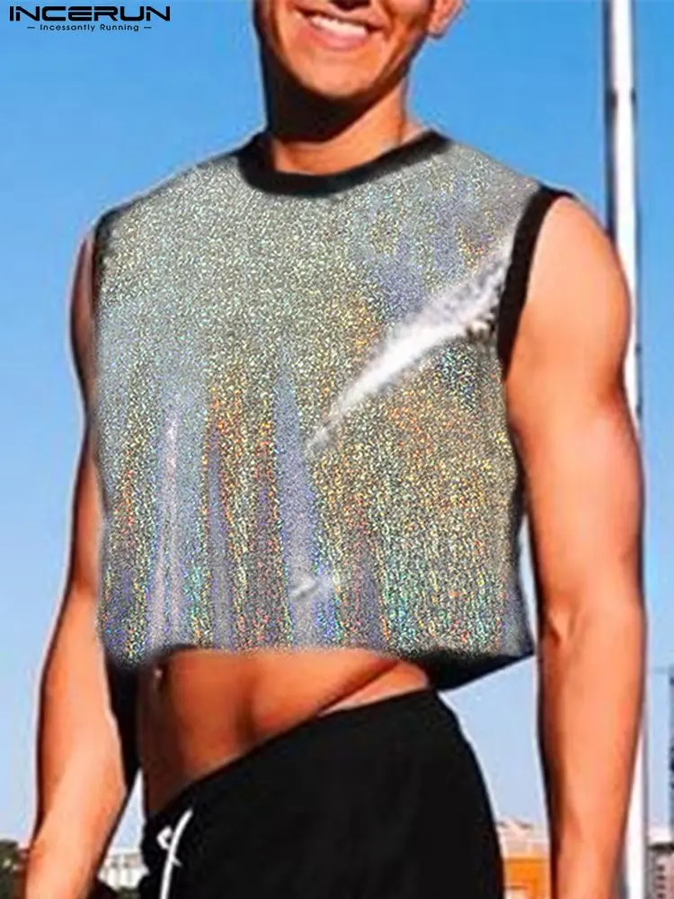 

Модные мужские майки INCERUN в стиле пэчворк, с круглым вырезом, без рукавов, 2022, жилеты вечерние Ринок и ночных клубов, сексуальная блестящая ул...