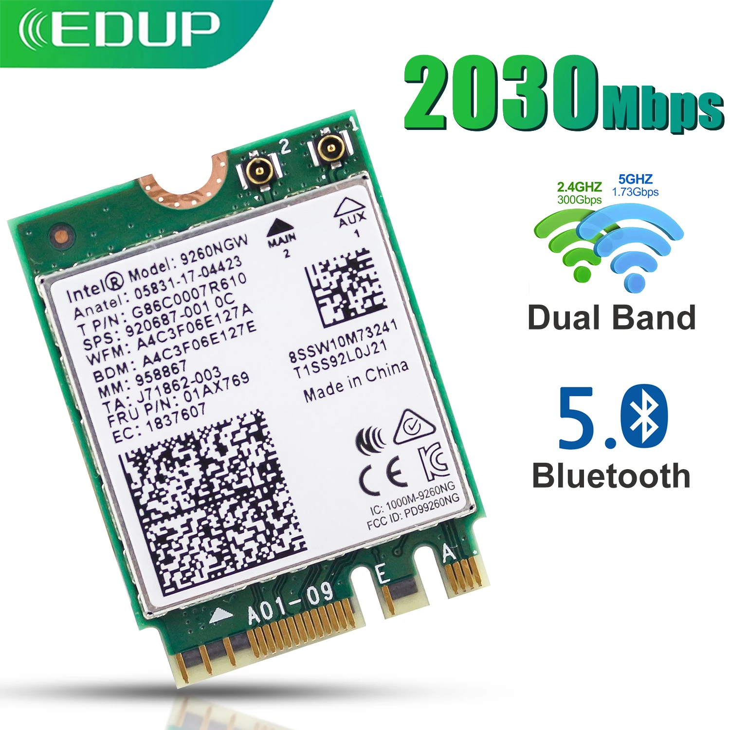 

EDUP PCIE Wifi Adapter Intel 9260 Wireless Network Card 2.4G/5GHz Mini PCI Express Bluetooth5.0 M.2 Interface WiFi Adapter PC