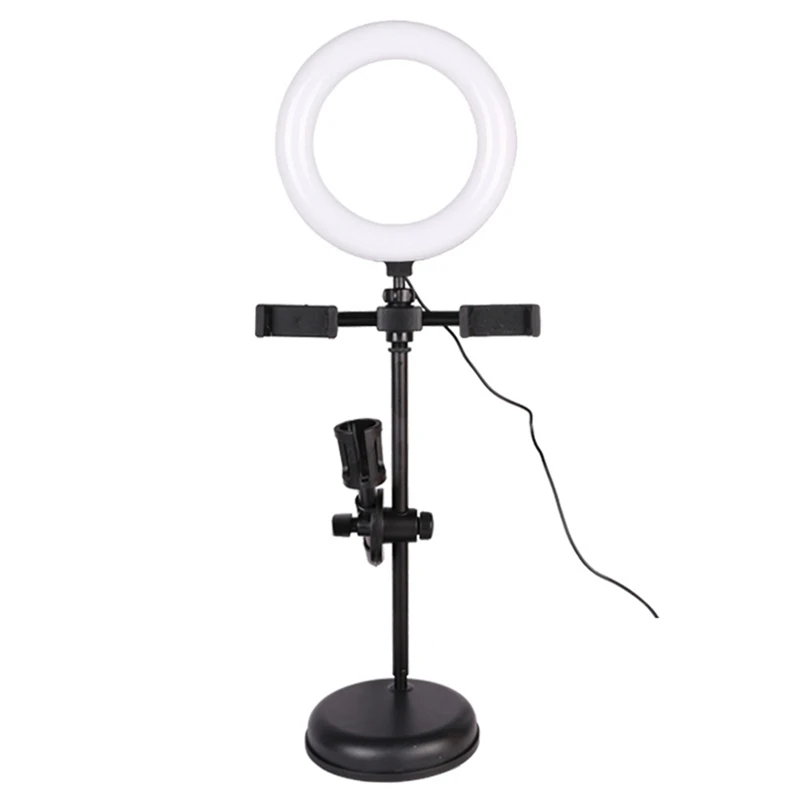 

Светодиодный кольцевой светильник для селфи, 16 см лампа с двойным держателем для телефона и подставкой для микрофона для фото-и видеостудии...