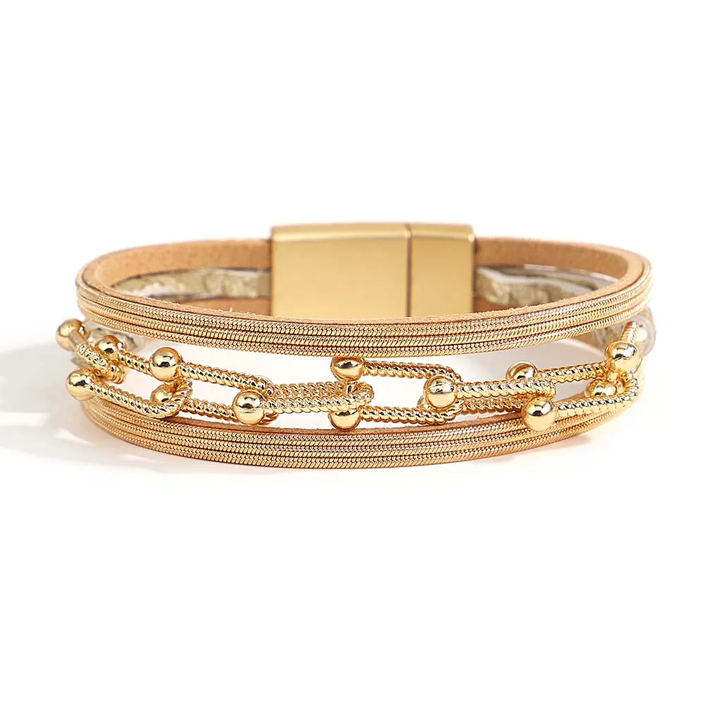 

Amorcome Fashion Gold Tone U Shaped Link Chain Bracelet 3 Strands Leather Wrap Bracelets Magnetic Clasp Jewelry Femme Bijoux