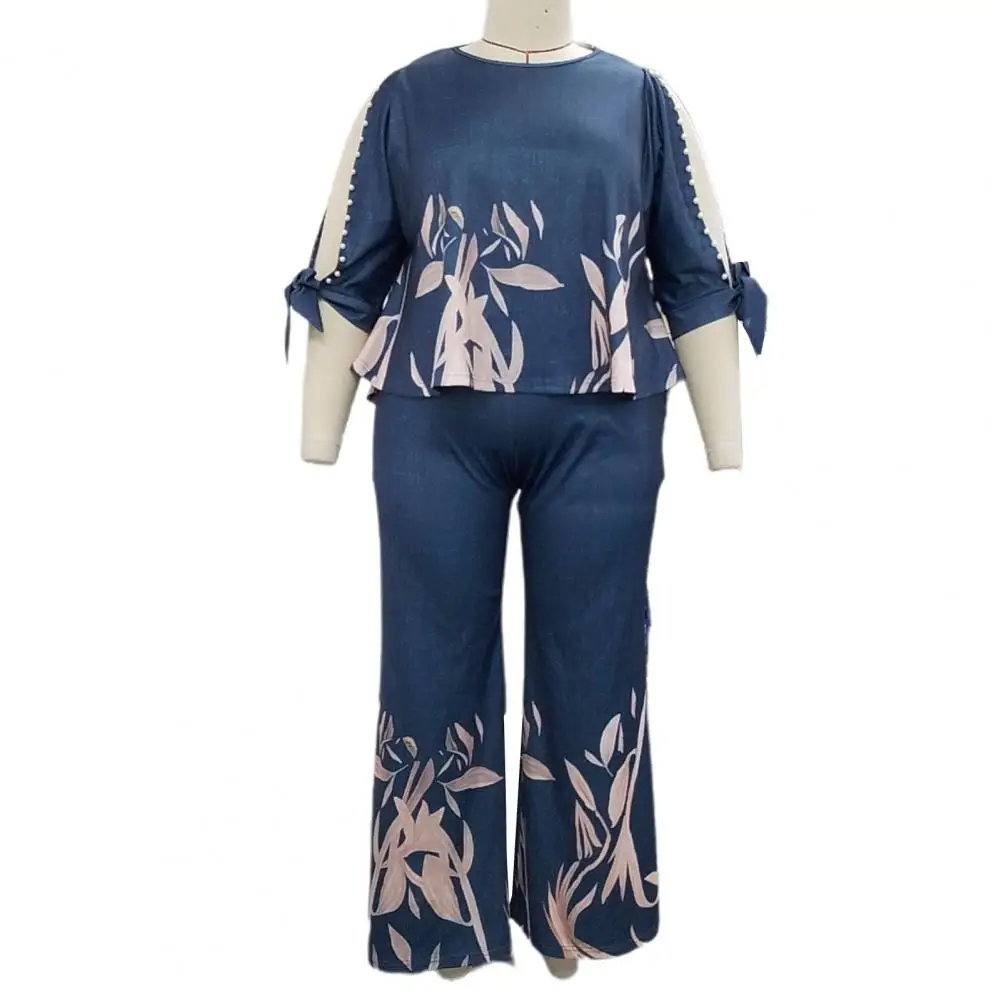 

Plus Size Outfit Stylish 2-piece Summer Office Lady Outfit Shoulder T-shirt High Waist Pants Set with Beads Decor Leaves Print