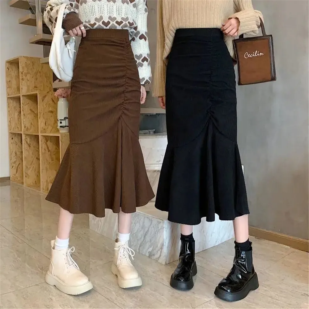 

New Corduroy Half Body Hip Wrap Skirt 2022 Korean High Waist Slim A-Line Skirt Ruffled Middle And Long Pleated Fishtail Skirt