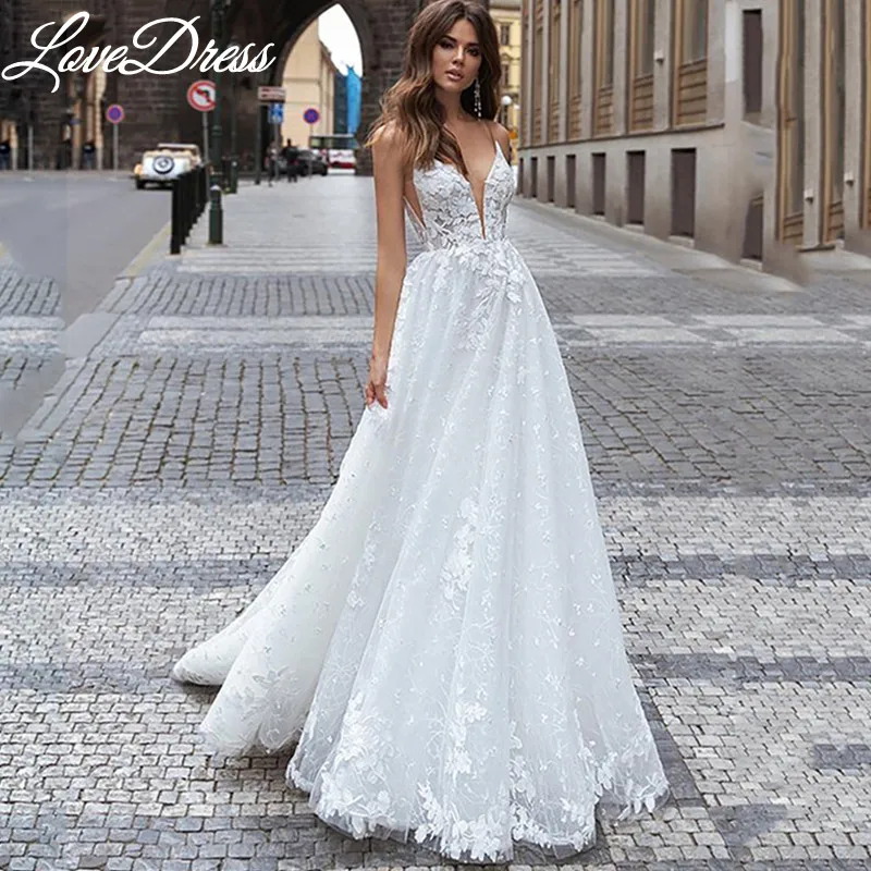 

LoveDress Sexy V-neck A-Line Wedding Dress 2022 Sleeveless Boho Lace Appliques Bride Gown Backless Tulle Pleats Vestido De Novia