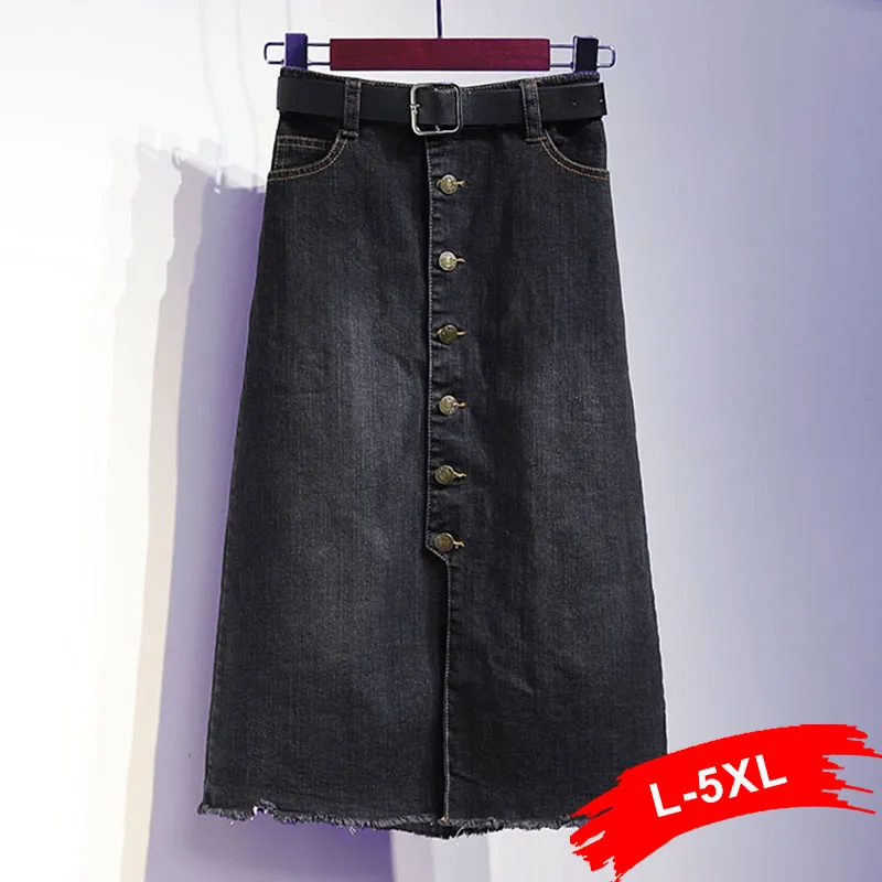 Cotton Jeans Skirts Xxl Summer Vintage Front Split Ripped High Waist Midi Long Black Skirt