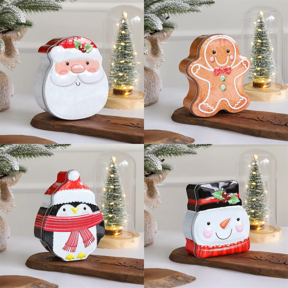 

2022 Christmas Gift Packing Box Cartoon Santa Snowman Penguin Shape Tinplate Candy Box Xmas Decoration Metal Storage Case