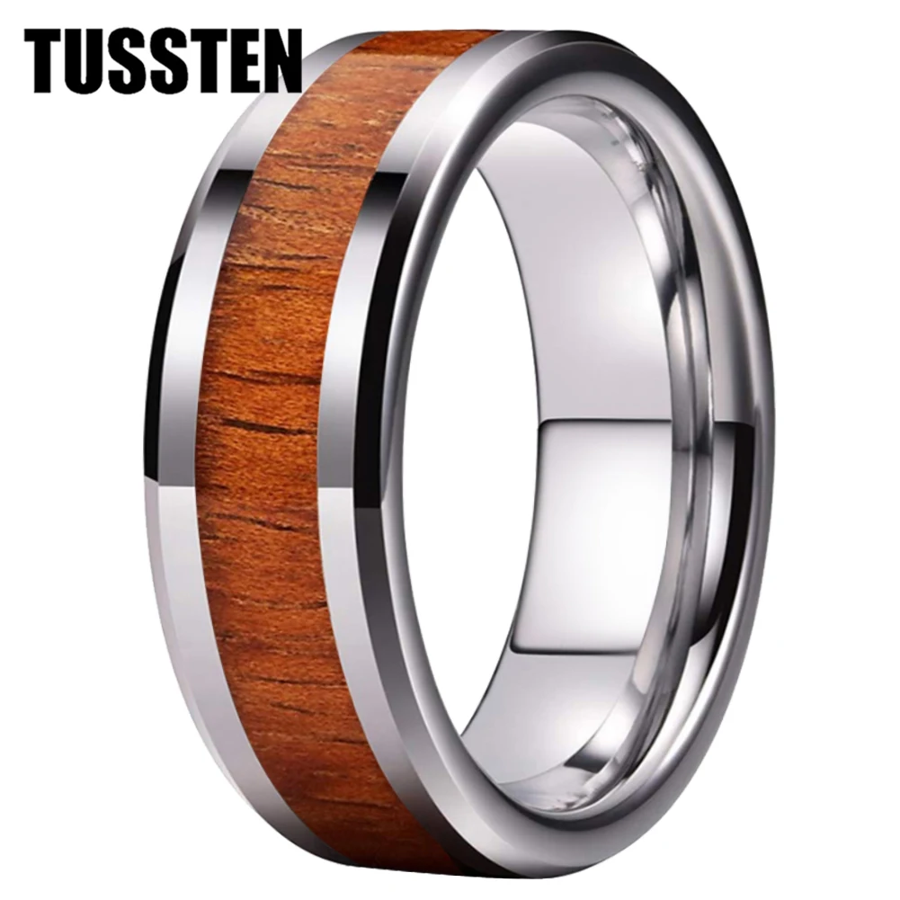 

Dropshipping TUSSTEN 6MM/8MM Koa Wood Ring Men Women Classic Tungsten Carbide Wedding Band Polished Beveled Edges Comfort Fit