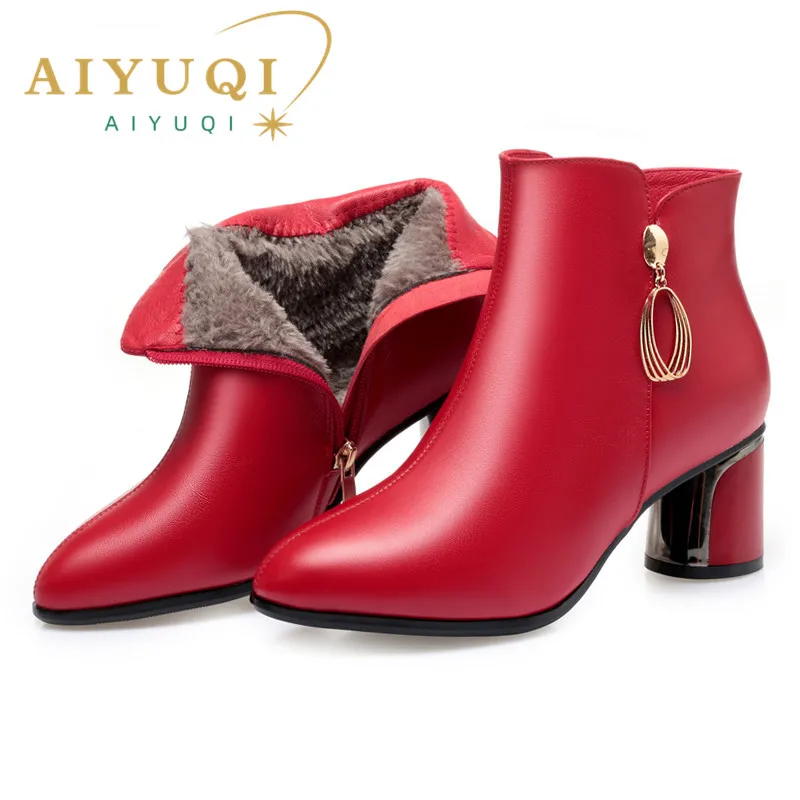 

AIYUQI 2022 New Winter Genuine Leather Women Dress Boots In Ankle Boots Europe and America High Heel Red Female wedding boots