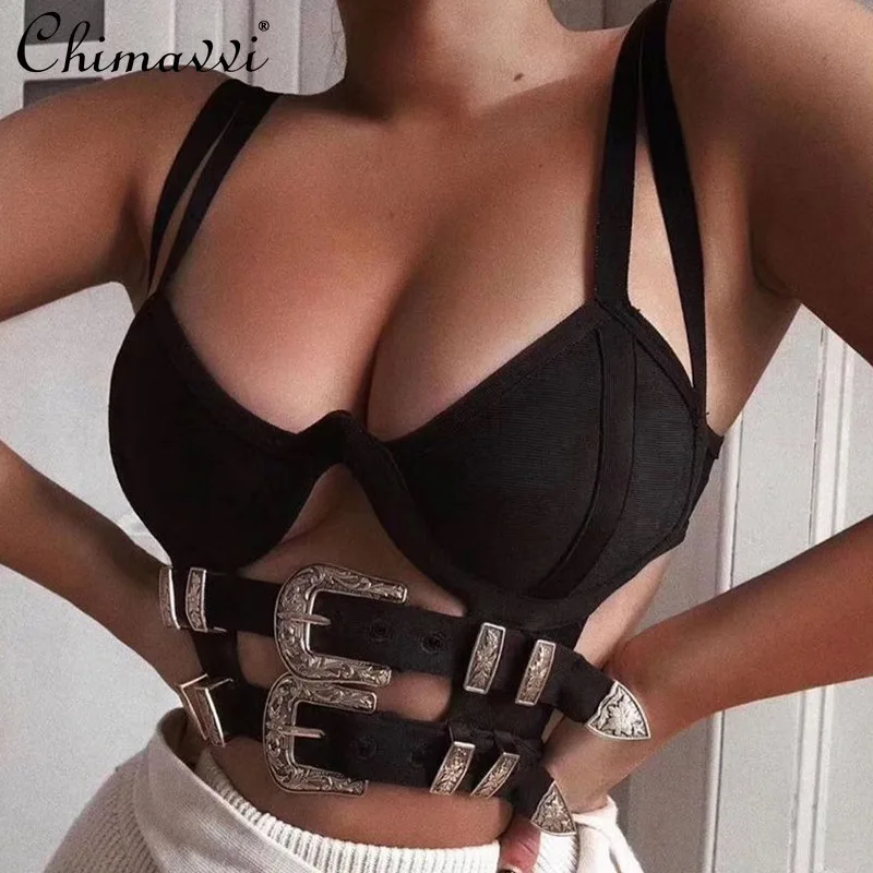 

Fashion Sexy Black Backless Short Slim Fit Camisole Women's 2022 Summer New Metal Buckle Decorative Crop Top for Ladies