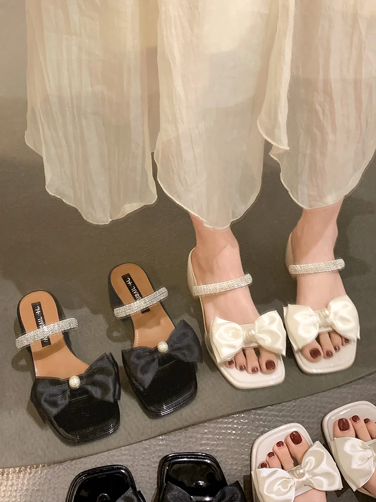 

Women's Shoes Slippers Outdoor Wear 2022 Summer New Retro Pearl Bow Thick Heel Non-slip Medium Heels