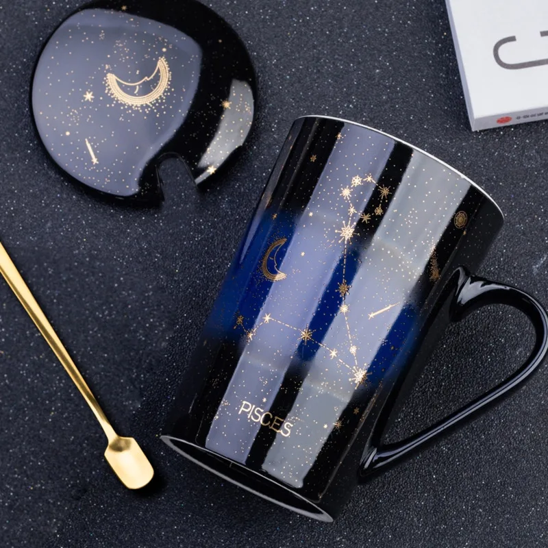 

1pcs Ceramic Mugs 12 Constellations Creative Mugs With Spoon Lid Gold Starry Sky Porcelain Zodiac Milk Coffee Cup Drinkware
