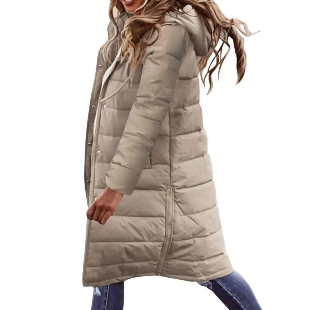 New in Women Coat Long Sleeve Pockets Buttons Zipper Placket Thickened Striped Quilted Winter Hooded Mid-length Down Jacket