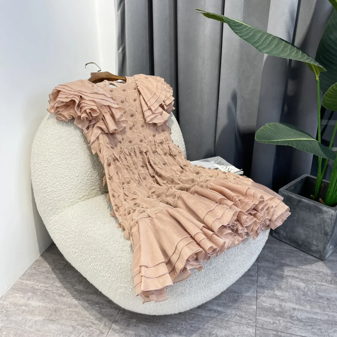

2022 Summer Top Quality Unique Designed Pink Appliques Embroidery Cascading Ruffles Backless Sweet Style Mini Dresses Women