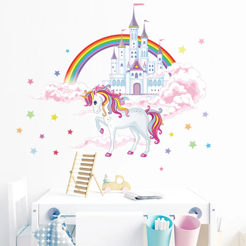 

Stars Colorful Rainbow Pink Princess Castle Unicorn Wall Sticker For Girls Kids Bedroom Unicorn Wall Decor Vinyl Mural Decals