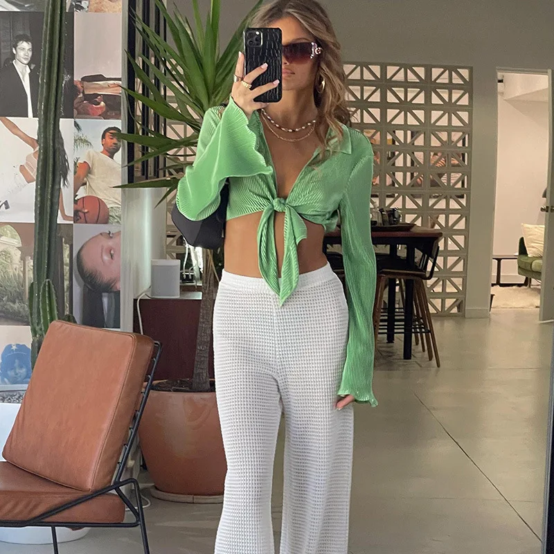 

Женский Осенний короткий кардиган на шнуровке с отложным воротником и расклешенными рукавами, привлекательная однотонная плиссированная ...