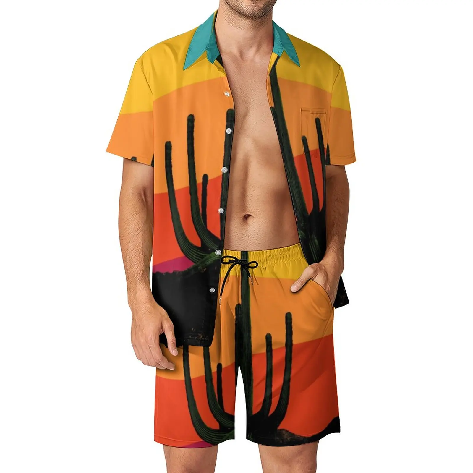 

Cartoon Desert Men Sets Retro Cactus Sunset Casual Shorts Summer Hawaii Vacation Shirt Set Custom Oversized Suit Birthday Gift
