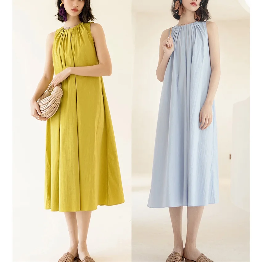 

TN Design Stripe Texture Pleated Neckline Sleeveless Dress A-line Large Skirt Middle Length Dress for Spring and Summer