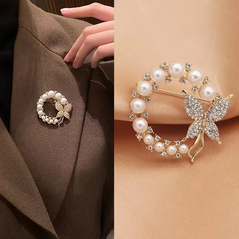 

New Rhinstone Pearl Circle Brooches for Women Baroque Trendy Elegant Butterfly Brooch Charm Pins Party Wedding Gifts Accessories