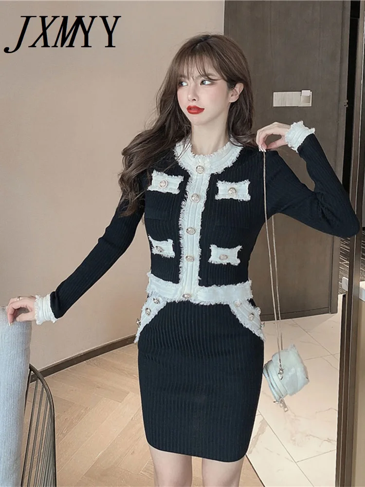 

JXMYY Autumn And Winter Suits New Women's Temperament Color Matching Fashion Long-Sleeved Tops Slim Knitted Skirt Two-Piece Set