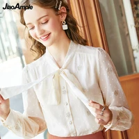 chiffon shirt women 2022 spring new elegant embroidery floral blouse office lady french graceful bow knot beige long sleeve tops
