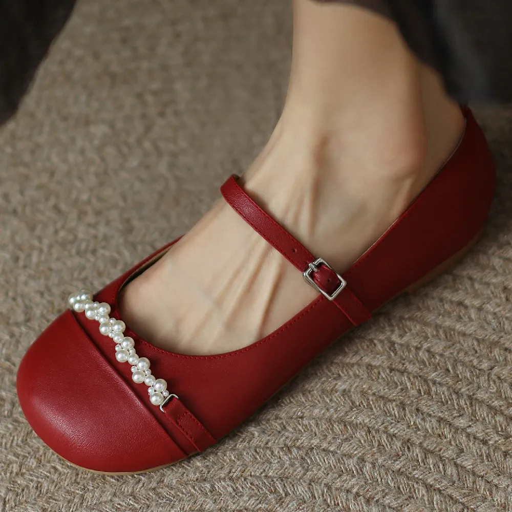 

Женские балетки Мэри Джейн, натуральная кожа, металлический пояс, без застежки, украшение из бисера, повседневные эспадрильи, обувь высоког...